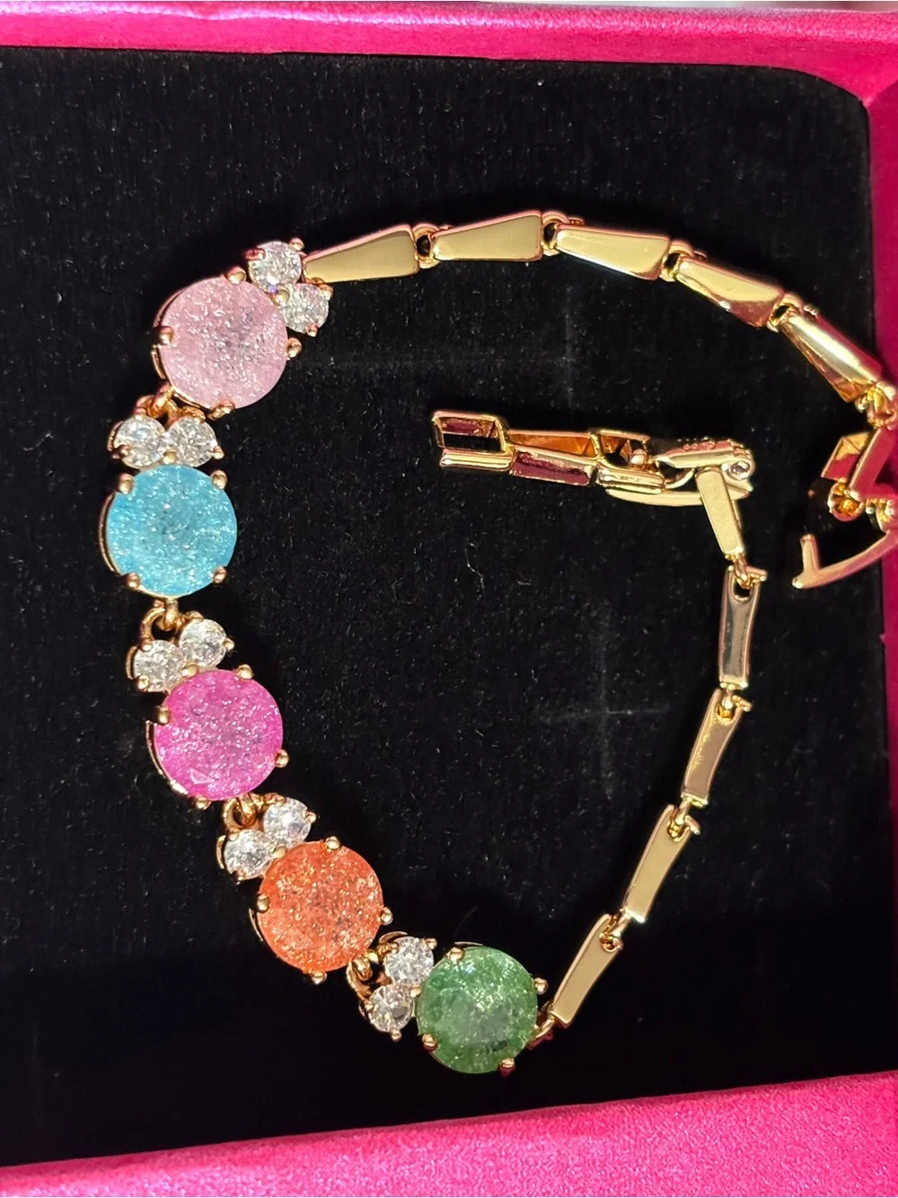 Gold-Tone Bracelet with Pink, Blue, Peach & Green Druzy Stones